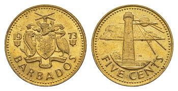 Барбадос 5 центов 1973 маяк Саут-Пойнт KM 11 латунь UNC 4649-621
