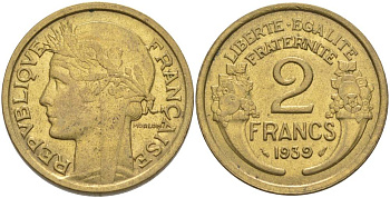 ФРАНЦИЯ 2 ФРАНКА 1939 ТИП MORLON KM 886, LE FRANC 268.12 алюминиевая бронза 3855-214
