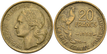 ФРАНЦИЯ 20 ФРАНКОВ 1952 ПЕТУХ, 4 ПЕРА КМ 917.1, LE FRANC 402.9 алюминиевая бронза 4573-225