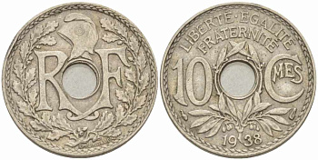 ФРАНЦИЯ 10 САНТИМОВ 1938 ТИП ЛИНДАЙЁ KM 866а, LE FRANC 138.25 медно-никель 108-236