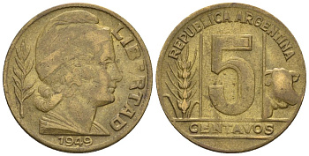 Аргентина 5 сентаво 1949 голова свободы вправо KM 40, CJ 221, Schon 43 алюминиевая бронза    4609-1137