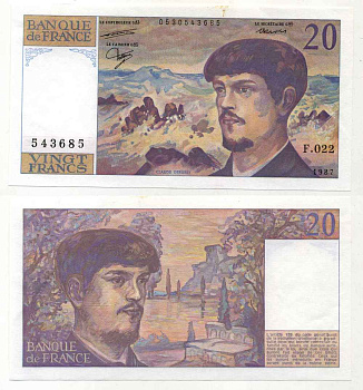 ФРАНЦИЯ 20 ФРАНКОВ 1987 Pick 151b бумага UNC (ПРЕСС) 8589-16-2-2