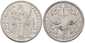 Французская Новая Каледония 1 франк 2007 птица кагу, (IEOM) KM 10, Schoen 10 алюминий 55-134