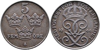 Швеция 5 эре 1944 Густав V (1907-1950), военный выпуск KM 812 железо 4389-131