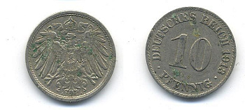 ГЕРМАНИЯ 10 ПФЕННИГОВ 1913 A KM 12, J. 13 медно-никель 58-421