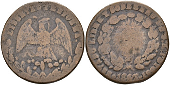 Мексика 1/4 реала 1867 LIBERTAD Y REFORMA, ГЛАДКИЙ ГУРТ KM 362 медь 190-926