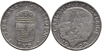 Швеция 1 крона 1990 Карл XVI Густав (1973- ) KM 852a медно-никель 4398-1237
