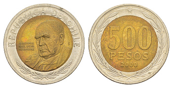 Чили 500 песо 2000 кардинал Рауль Сильва Энрикес (1907-1999) KM 235 биметалл UNC 4641-537