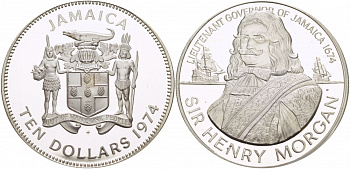 Ямайка 10 долларов 1974 губернатор Ямайки сэр Генри Морган KM 63а серебро PROOF 00-00