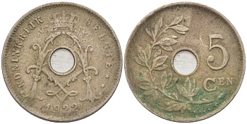 БЕЛЬГИЯ 5 САНТИМОВ 1922 BELGIE KM 67 медно-никель 187-961