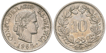 Швейцария 10 раппенов 1965 B KM 27 медно-никель 220-458