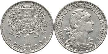 ПОРТУГАЛИЯ 1 ЭСКУДО 1951 ГОЛОВА СВОБОДЫ ВПРАВО КМ 578 медно-никель 202-351