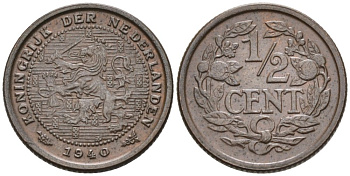 Нидерланды 1/2 цента 1940 Вильгельмина (1890-1948) KM 138 бронза 4576-134