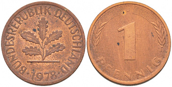ФРГ 1 ПФЕННИГ 1978 J KM 105, J.380 сталь плакированная медью 4396-1528