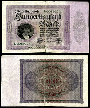 Германия 100000 марок 1923 1 февраля 1923, серия L, номер восьмизначный Pick 83, Розенберг 82а бумага 8618-47-1-1