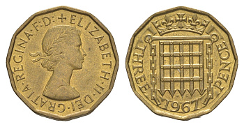 Великобритания 3 пенса 1967 Елизавета II (1952-2022) KM 900, Spink 4153 никель латунь UNC 4571-1135