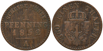 Пруссия 1 пфенниг 1852 A, Фридрих Вильгельм IV (1840-1861) KM 451 медь 4549-818