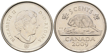 Канада 5 центов 2009 ML, Елизавета II, бобер KM 491 сталь плакированная никелем  UNC  4148-1251