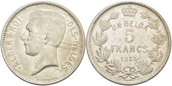 БЕЛЬГИЯ 5 ФРАНКОВ 1933 АЛЬБЕРТ I, DES BELGES KM 97.1 никель 3851-236