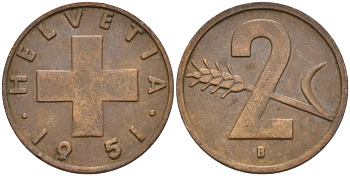 Швейцария 2 раппена 1951 В KM 47 бронза 4114-913