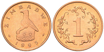 Зимбабве 1 цент 1995 птица-идол KM 1a сталь плакированная бронзой UNC 4615-1138