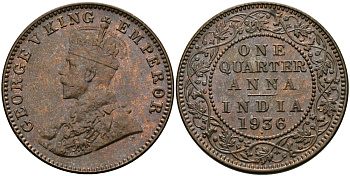 Британская Индия 1/4 анна 1936 Георг V (1910-1936) KM 512 бронза UNC 94-247