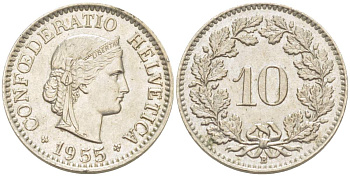 ШВЕЙЦАРИЯ 10 РАППЕНОВ 1955 В KM 27 медно-никель 4516-1255