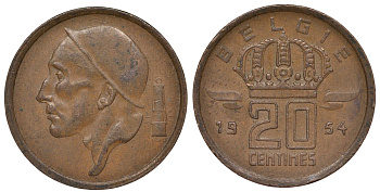 Бельгия 20 сантимов 1954 Belgie KM 147.1 бронза 4164-165