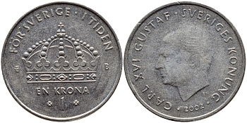 Швеция 1 крона 2002 Карл XVI Густав (1973- ) KM 894 медно-никель 4110-937