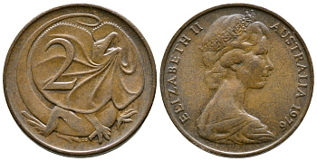 Австралия 2 цента 1976 Елизавета II (1952-2022), плащеносная ящерица (FRILLED LIZARD)  KM 63 бронза 4610-732