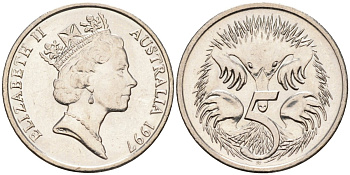 Австралия 5 центов 1997 Елизавета II (1952-2022), ехидна KM 80 медно-никель 4580-326
