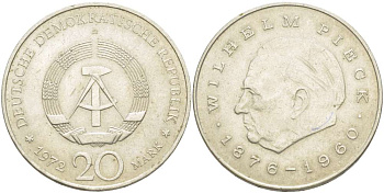 ГДР 20 марок 1972 А, Вильгельм Пик (1876-1960) KM 42 медно-никель 4521-513