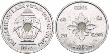 Лаос 20 центов 1952 король Сисаванг Вонг (1904-1959), слоны KM 5 алюминий 4545-516