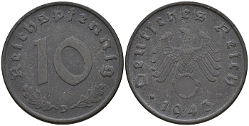 Германия 10 рейхспфеннигов 1943 D KM 101, J.371 цинк 4151-246
