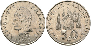 Французская Новая Каледония 50 франков 2012 хижина среди сосен и пальм, (IEOM) KM 13a, Schoen 15a, Lec 128i медно-никель 115-1045