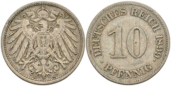 ГЕРМАНИЯ 10 ПФЕННИГОВ 1899 E KM 12, J. 13 медно-никель 4401-1117