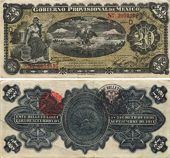 Мексика, Революция 20 песо 1914 Переходное правительство Мексики, штат Веракруз Pick S111a бумага 3295-16-2