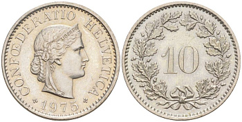 ШВЕЙЦАРИЯ 10 РАППЕНОВ 1975 KM 27 медно-никель 55-456
