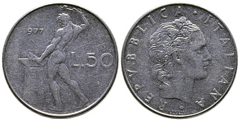 Италия 50 лир 1977 R, бог огня Вулкан у наковальни KM 95.1 сталь    4606-124