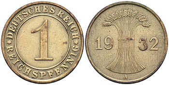 ГЕРМАНИЯ 1 РЕЙХСПФЕННИГ 1932 A KM 37, J. 313, Weege 2 бронза 4547-162