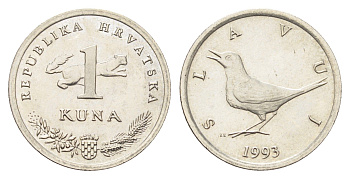 Хорватия 1 куна 1993 западный соловей, нечетный год KM 9.1 медь цинк никель UNC 4659-729