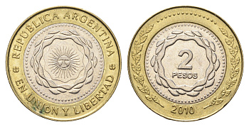 Аргентина 2 песо 2010 KM 165 биметалл aUNC 4663-843
