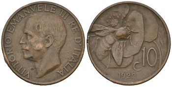 Италия 10 чентезимо 1922 R, Виктор Эммануил III (1900-1946) KM 60 медь 113-253