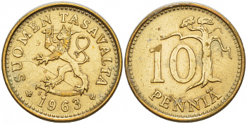 ФИНЛЯНДИЯ 10 ПЕННИ 1963 ПЕРВЫЙ ГОД KM 46 алюминиевая бронза 4548-254