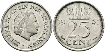 НИДЕРЛАНДЫ 25 ЦЕНТОВ 1961 ЮЛИАНА KM 183 никель 96-148