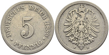 ГЕРМАНИЯ 5 ПФЕННИГОВ 1889 J, СТАРОГЕРБОВКА KM 3, Jager 3, Weege 5 медно-никель 4547-316