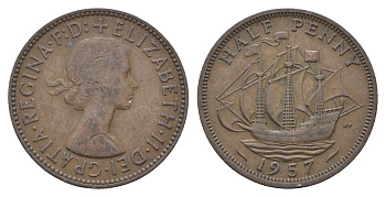 Великобритания 1/2 пенни 1957 Елизавета II (1952-2022) KM 896, Spink 4158 бронза 4662-1142