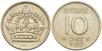 Швеция 10 эре 1953 TS, Густав VI Адольф (1950-1973) KM 823 серебро 116-1212