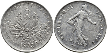 ФРАНЦИЯ 5 ФРАНКОВ 1973 СЕЯТЕЛЬ KM 926a.1, LE FRANC 341.5 медно-никель плакированный никелем 4389-836