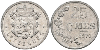 Люксембург 25 сантимов 1970 Герцог Жан (1964-1999) KM 45a.1 алюминий 4567-668